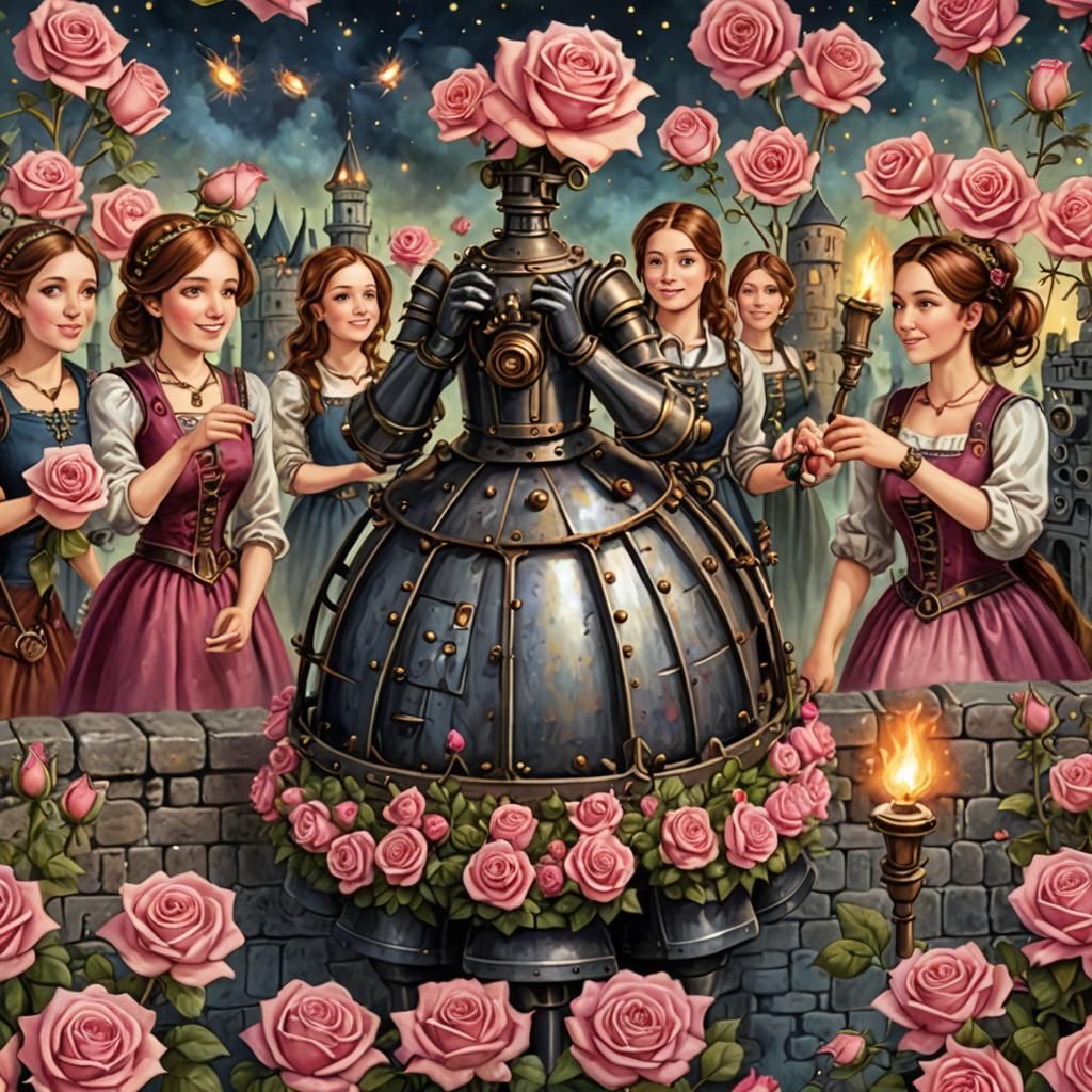 Steampunk Engine with Medieval Castle and Roses