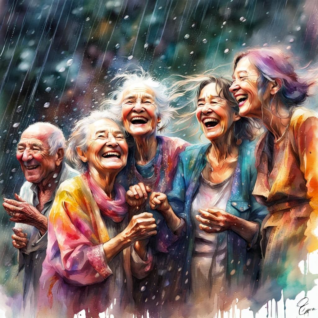 Colorful Elderly Group Laughing in Rainy Cosmos