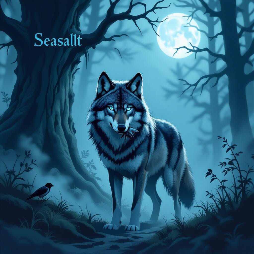 Majestic Wolf in Moonlit Forest with 'Seasalt' Title
