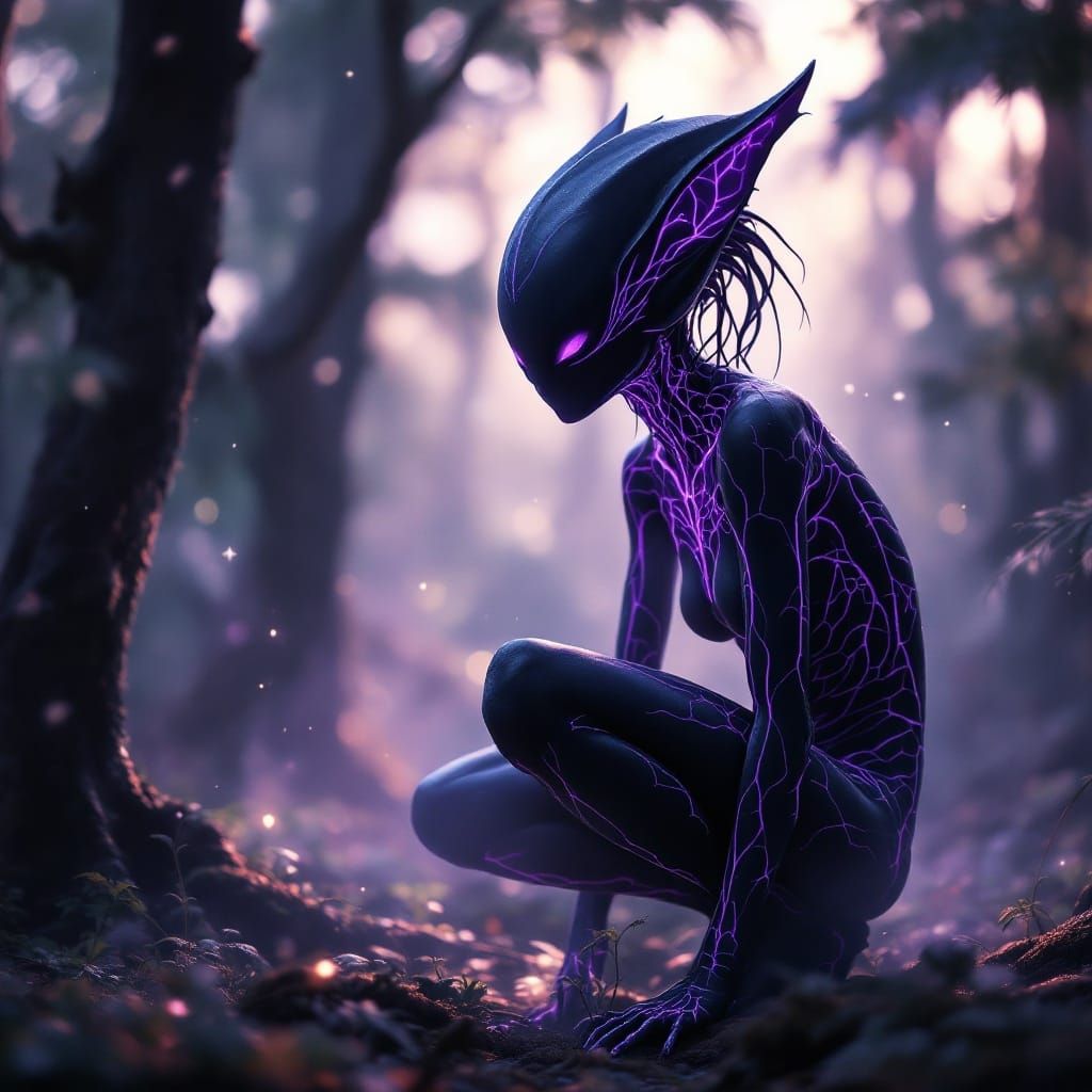 Alien Goddess in Ethereal Pine Forest