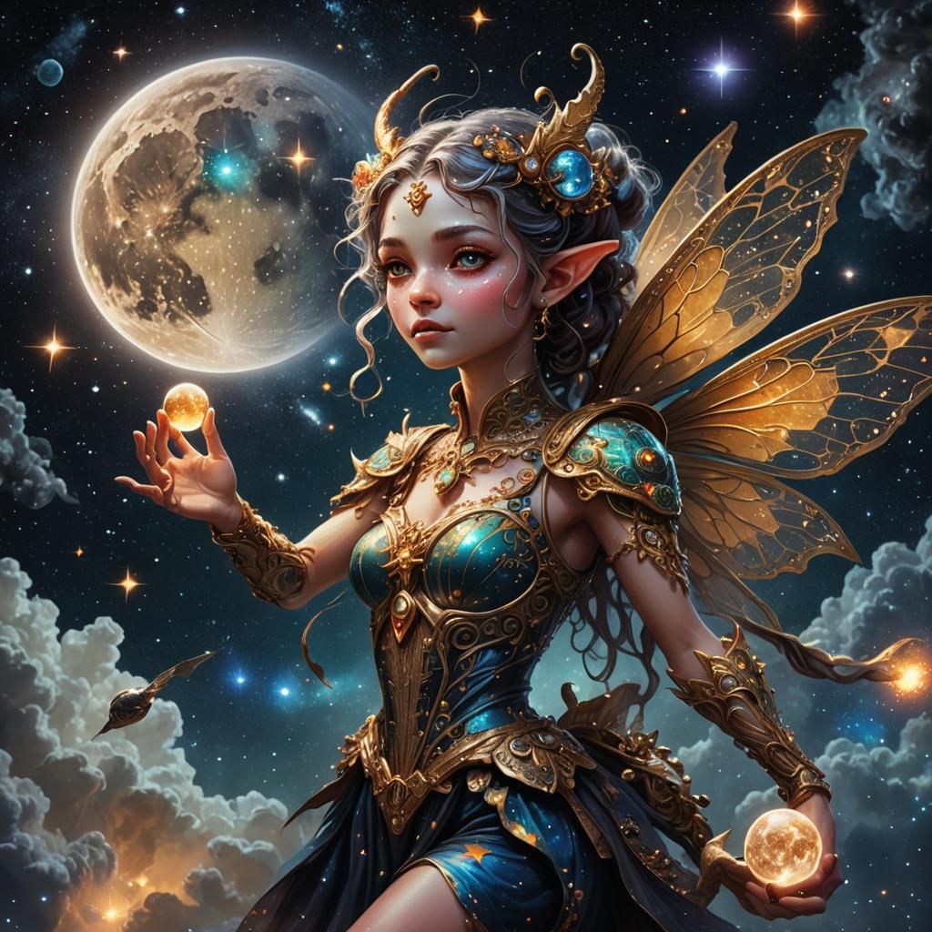 Ornate Fairy Imp with Moon in Space