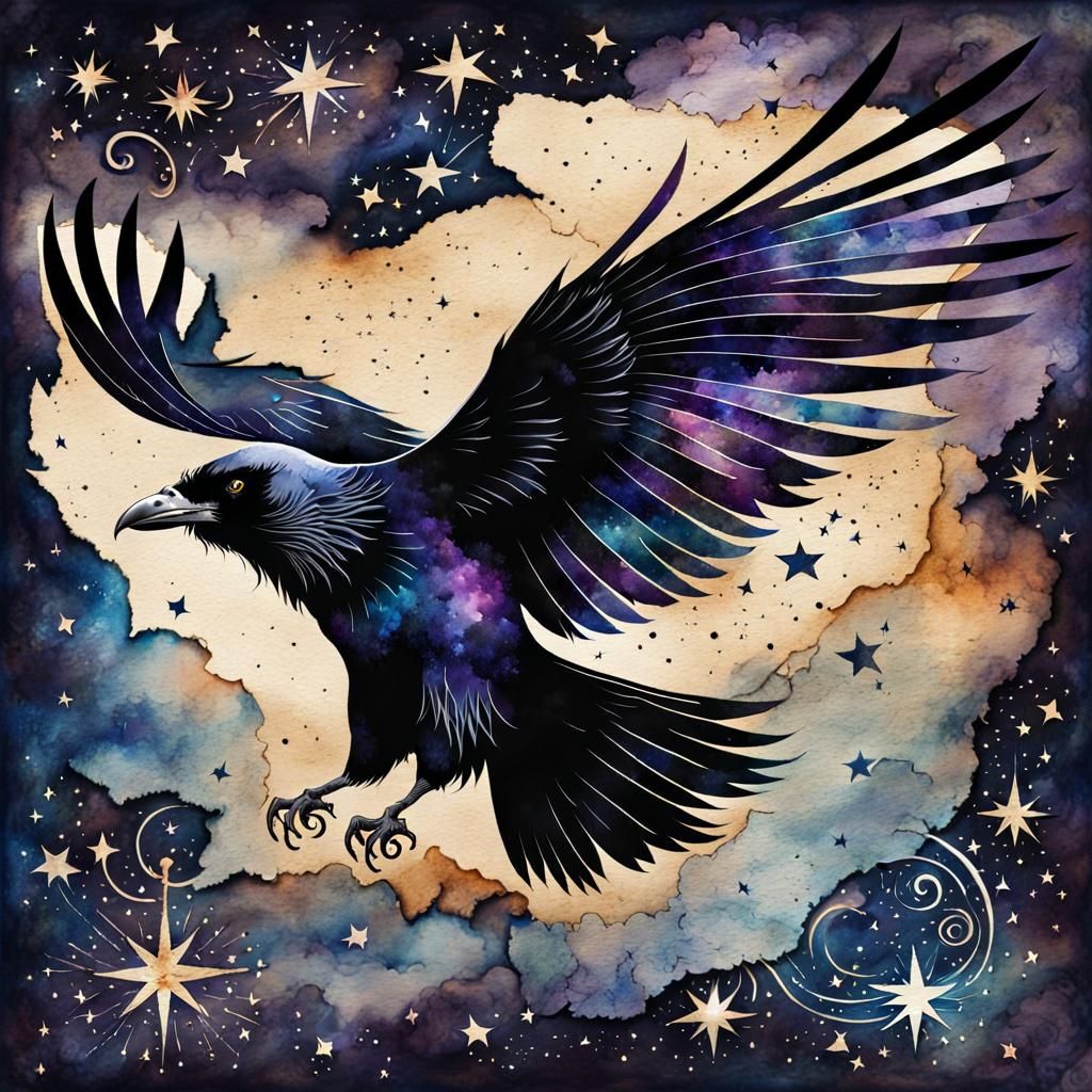 Watercolor Raven in Starry Sky with Lightning