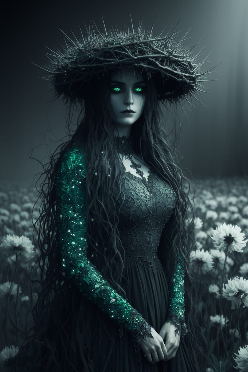 Regal Sorceress Amidst Spectral Blooms in Emerald Twilight