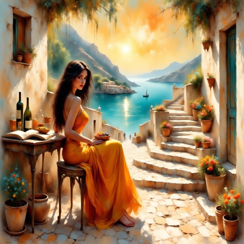 Serene Woman at Mediterranean Courtyard Table