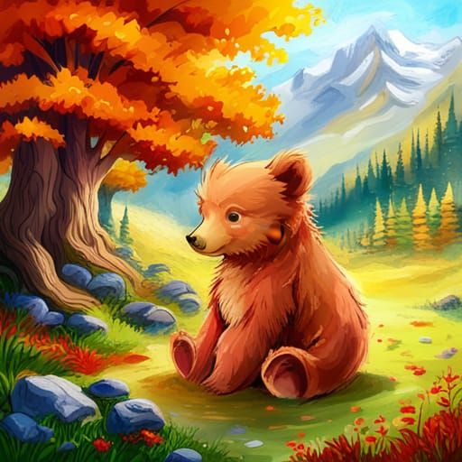 Baby Bear Cub in Autumn Meadow, Impasto Painting