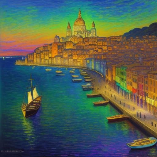 Victorian Ships in Italian Harbor Oil Painting