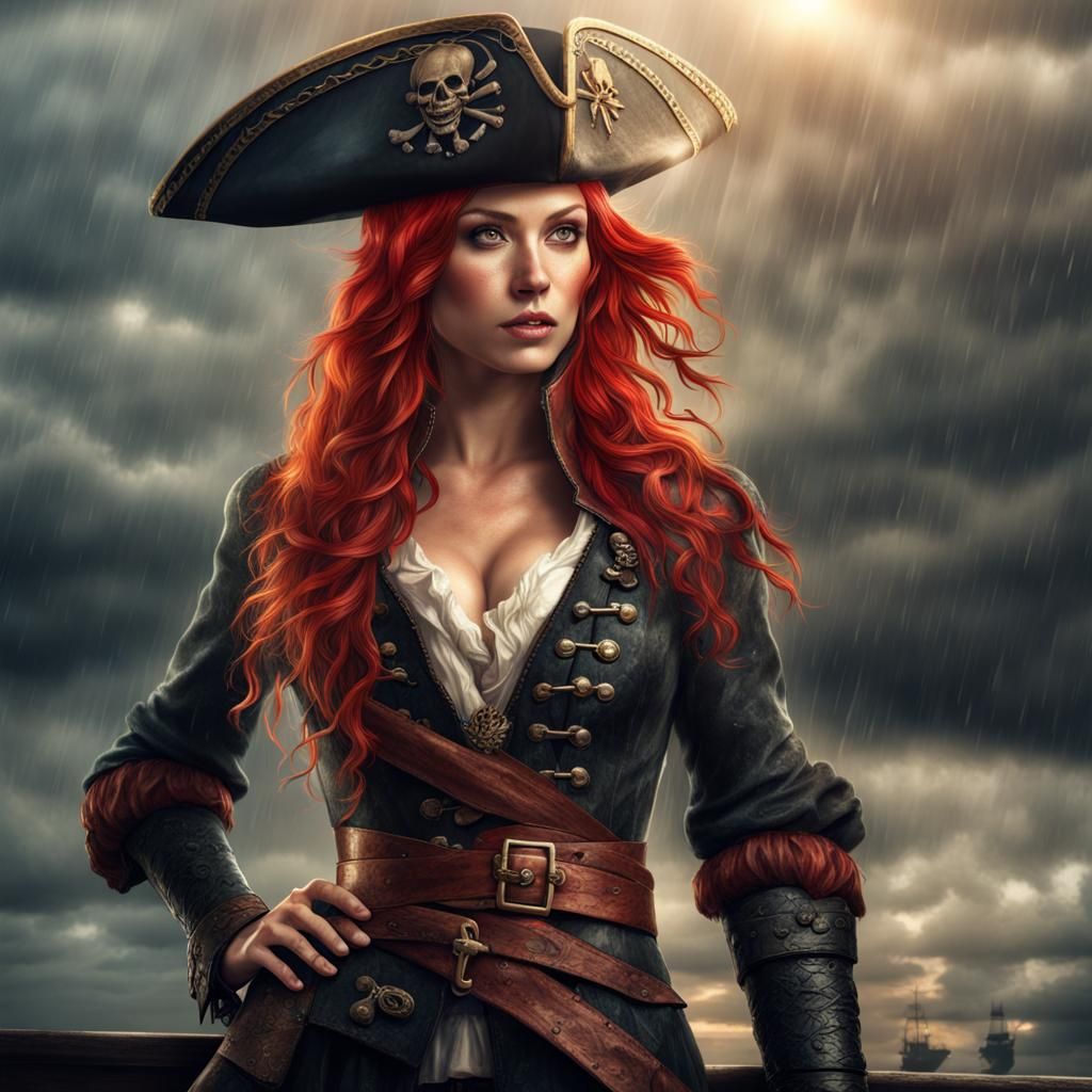 Red-Haired Pirate Woman in the Rain, Cinematic Lighting