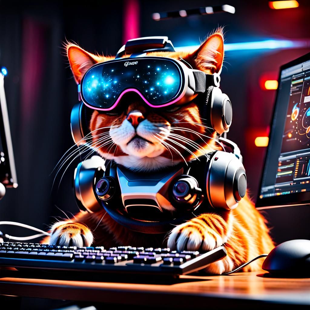 Funny VR Cat Gamer in Extreme Caricature Style