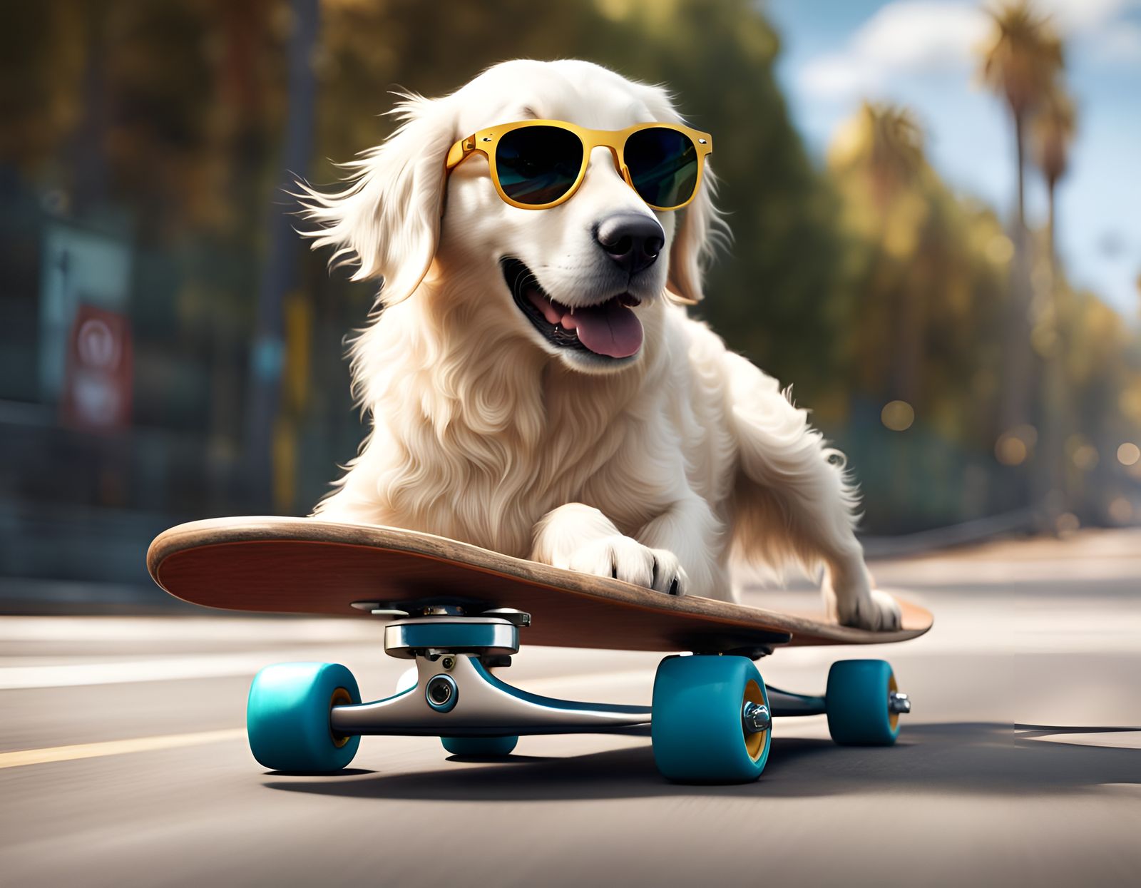 white golden retriever riding a skateboard.