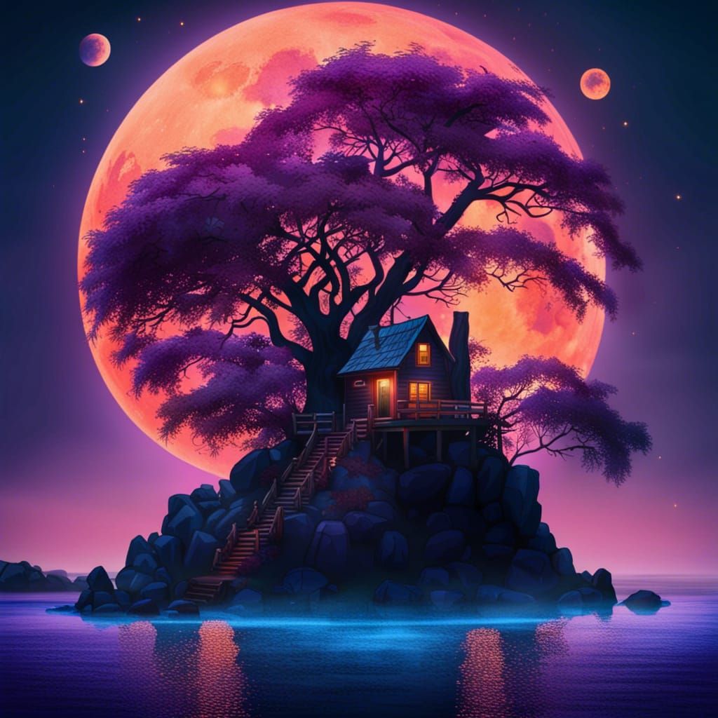 Twilight Island with Cabin and Orange Moon