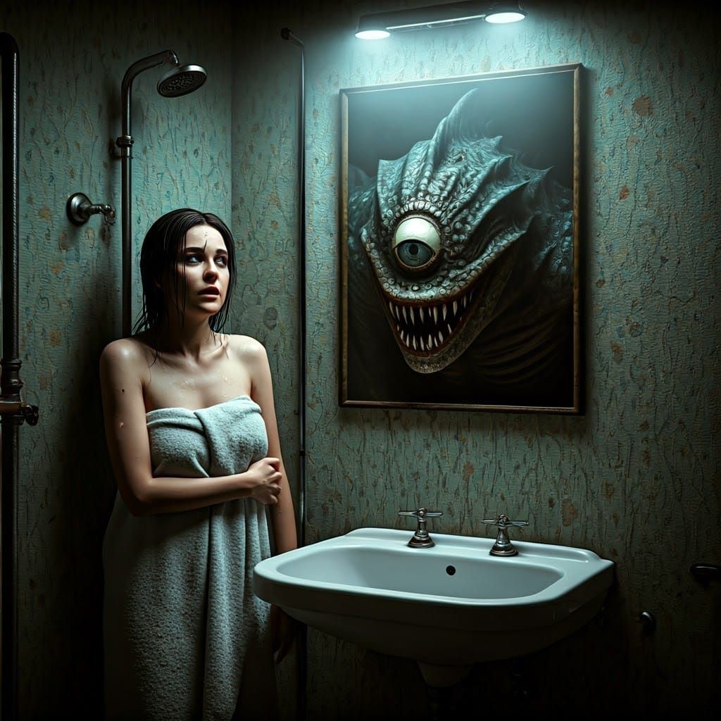 Gruesome Demon Watches Terrified Woman: Gothic Surrealism