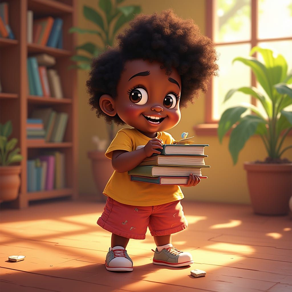 Festive Portrait of Smiling Child with Books, Pixar Style