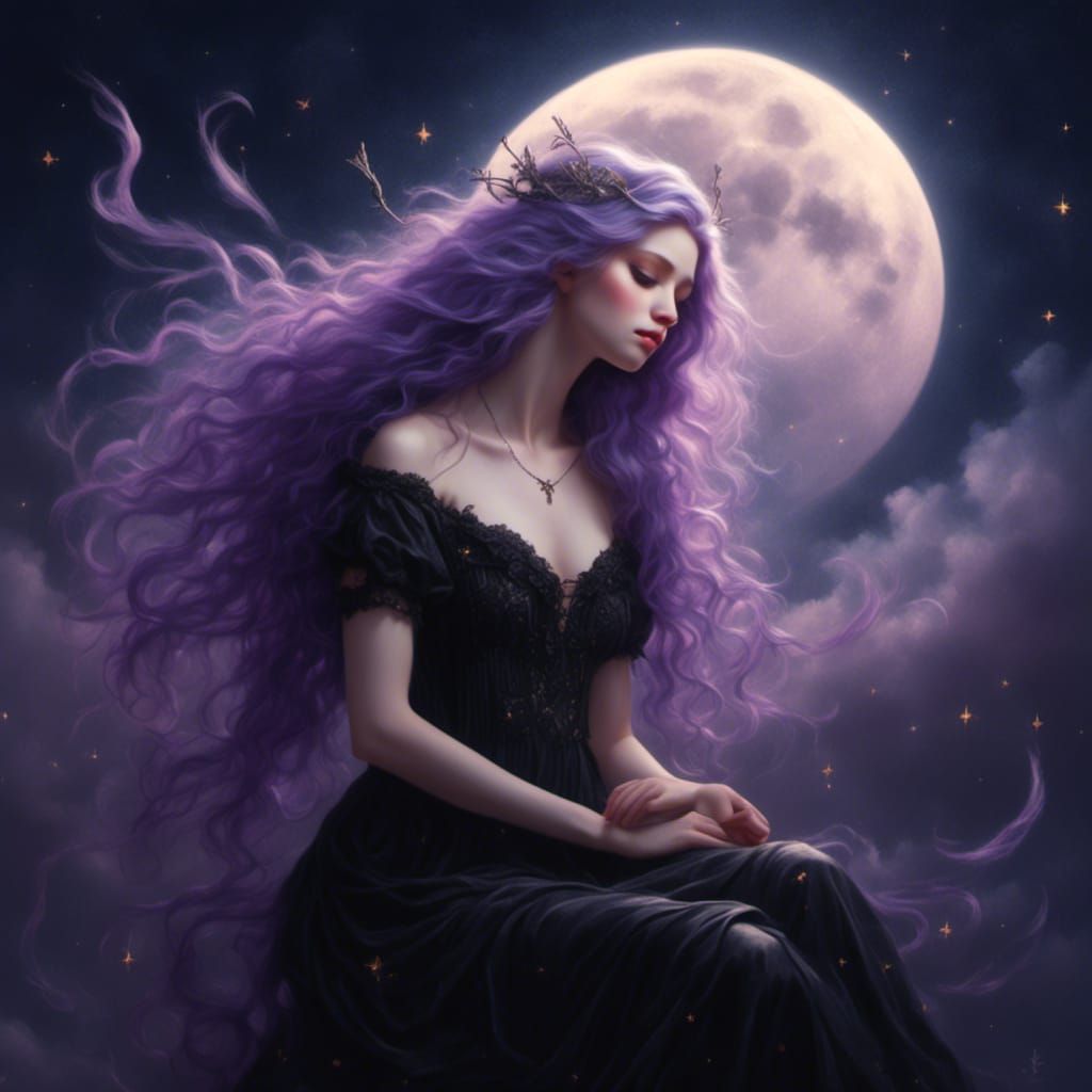 Goth Angel in Starry Night, Oil Painting