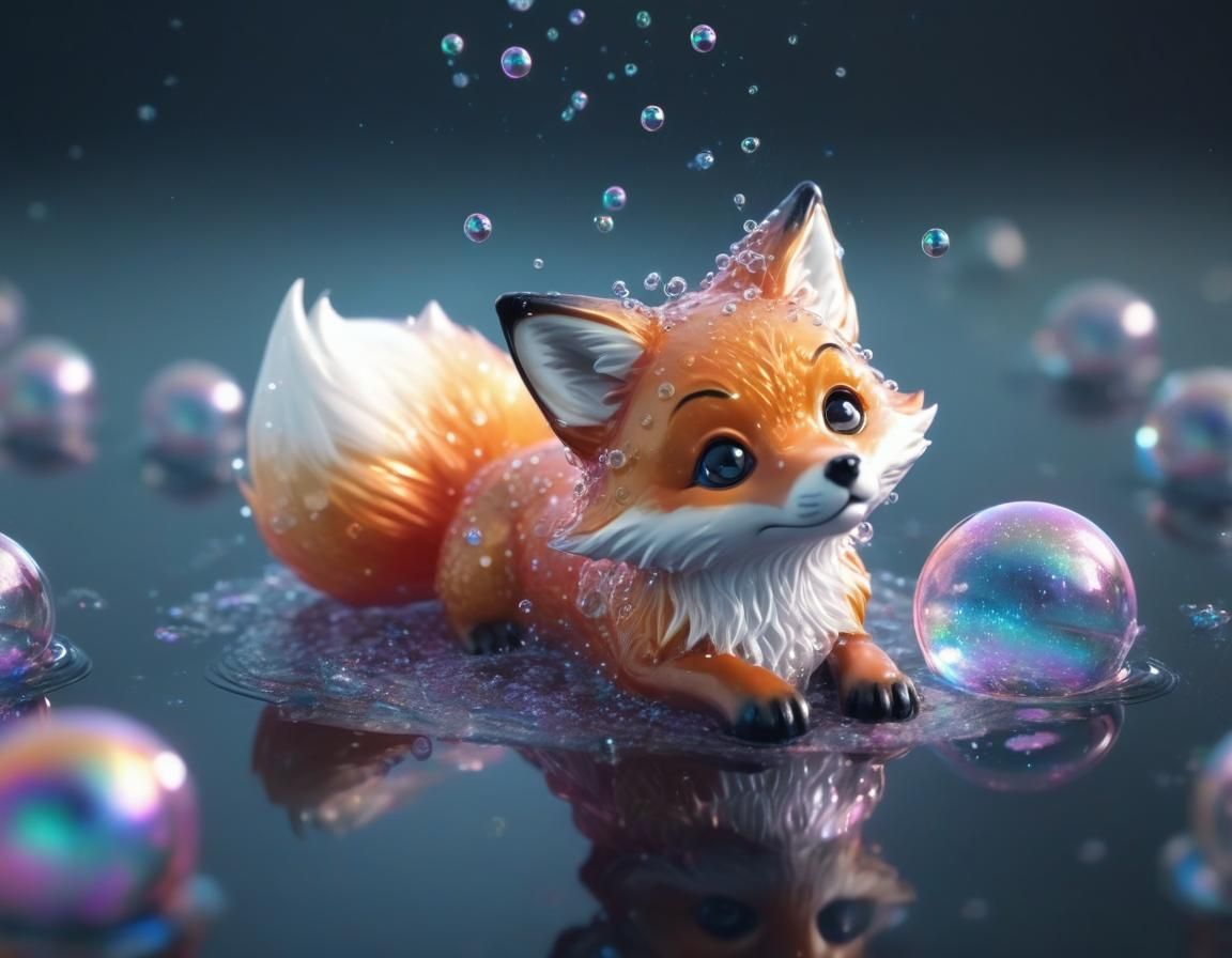 Iridescent Chibi Water Fox with Soap Bubbles