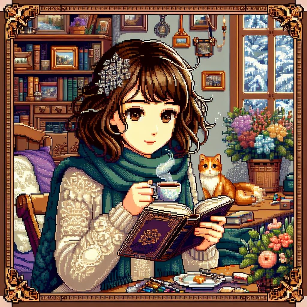 Detailed Pixel Art: Woman Reading in Cozy Room