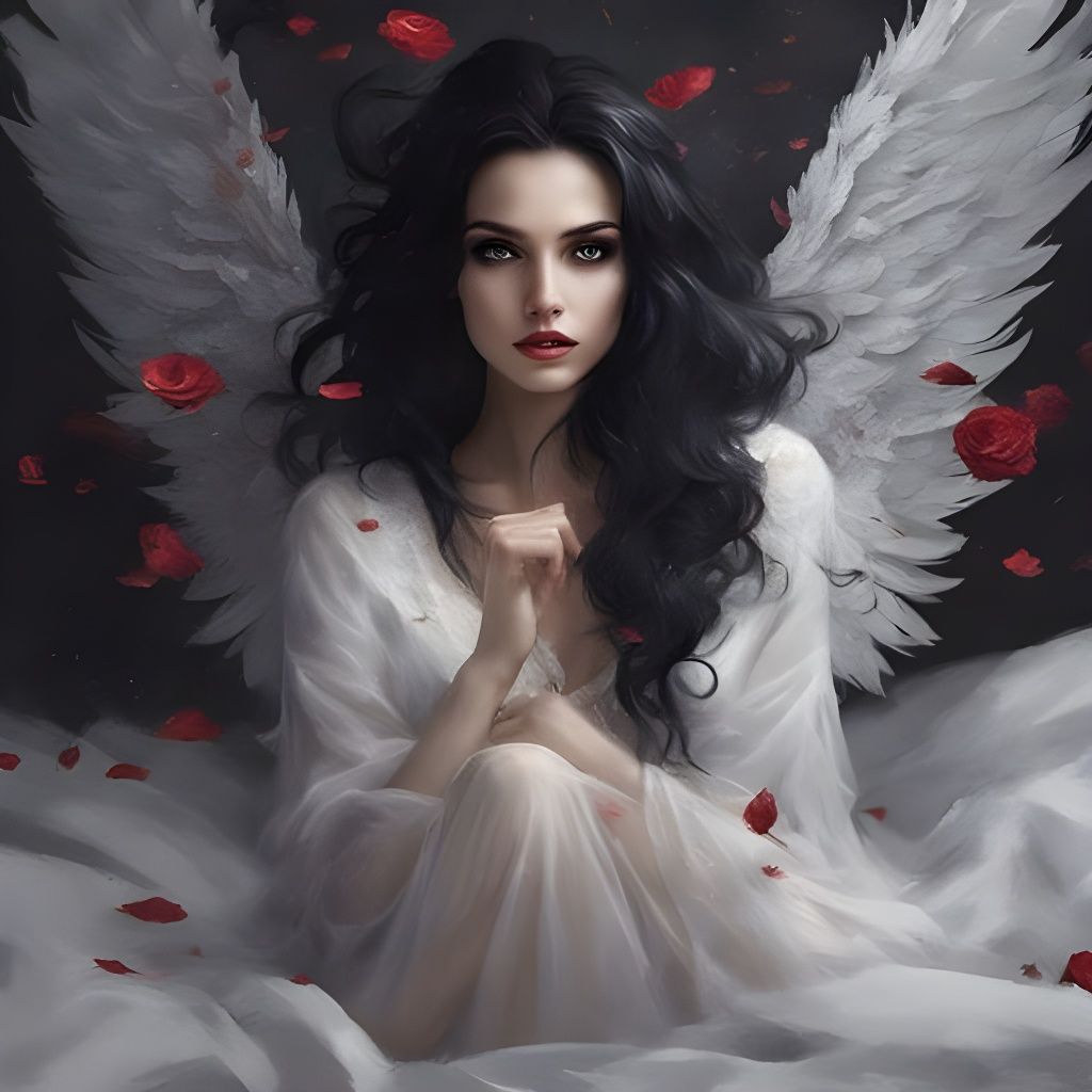 Fallen Angel Portrait with Black Roses in Digital Art