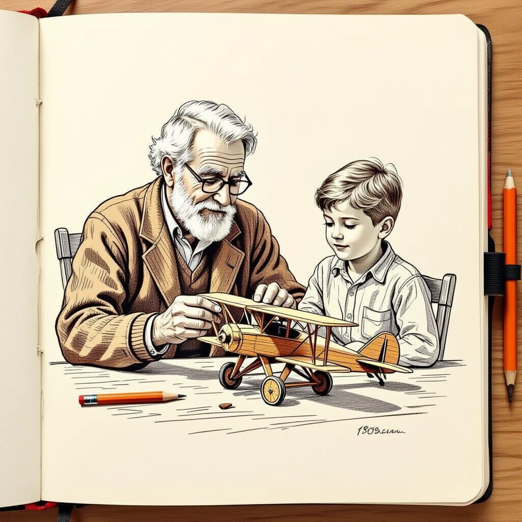 Sketch of Grandfather Teaching Son to Build Airplane