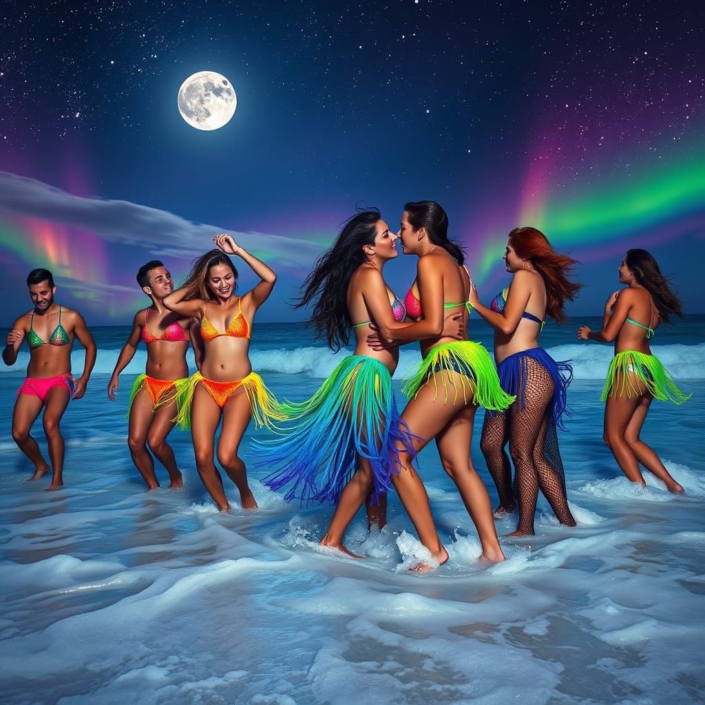 Dance of Joy on a Moonlit Beach