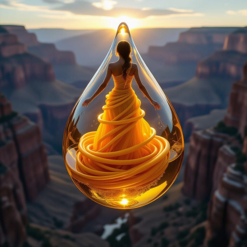 Honey Woman in Amber Droplet Above Canyon