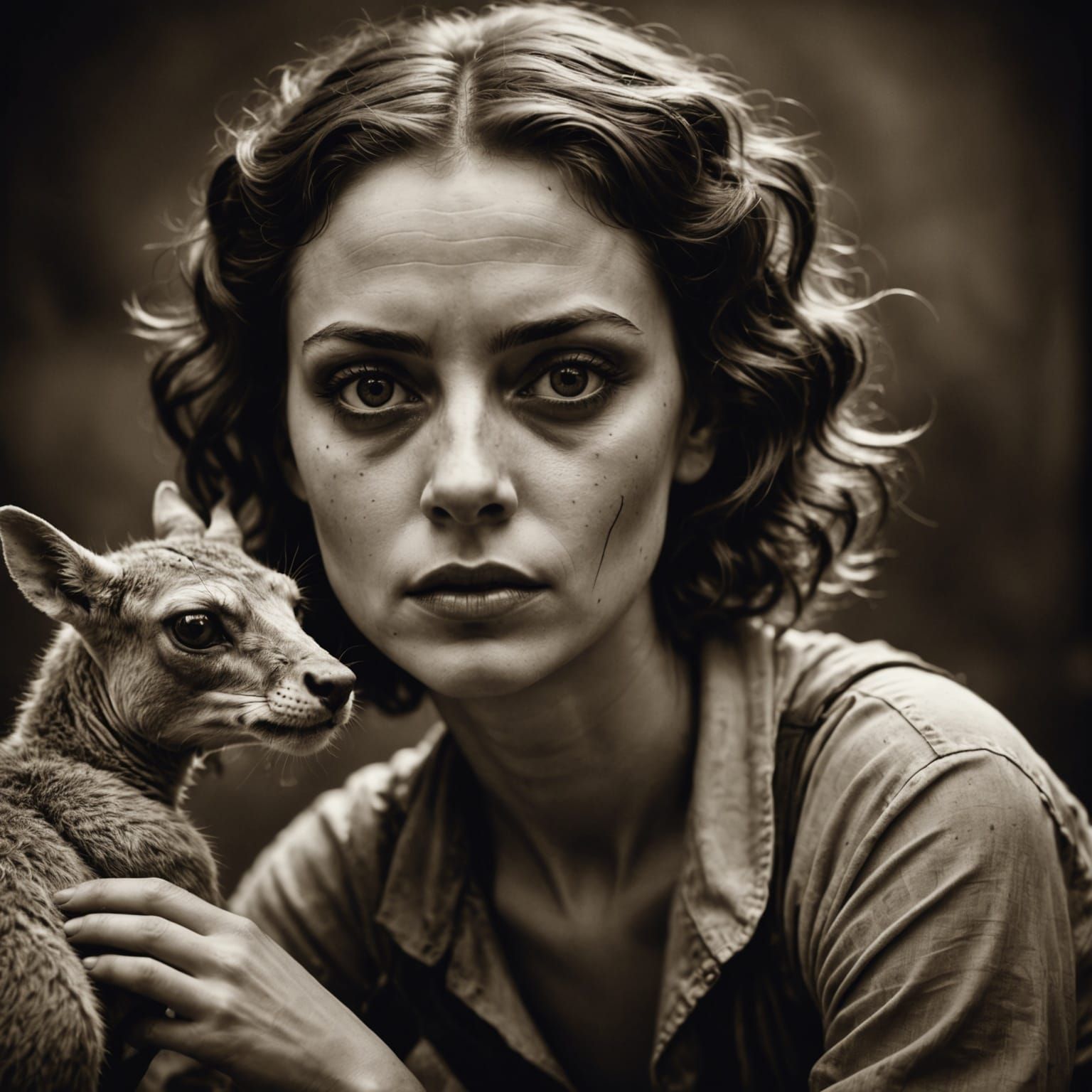 Sepia Portrait of Contortionist with Animal