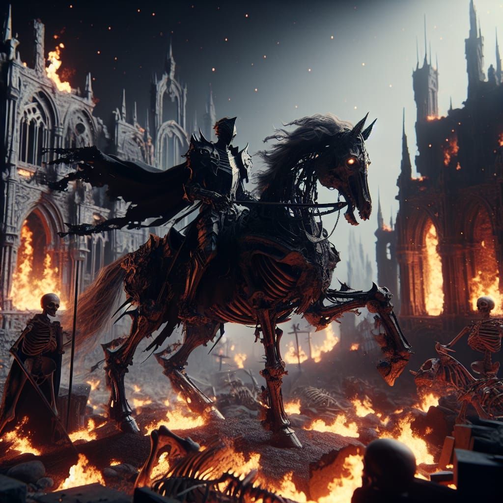 Black Knight on Skeletal Steed in Burning City