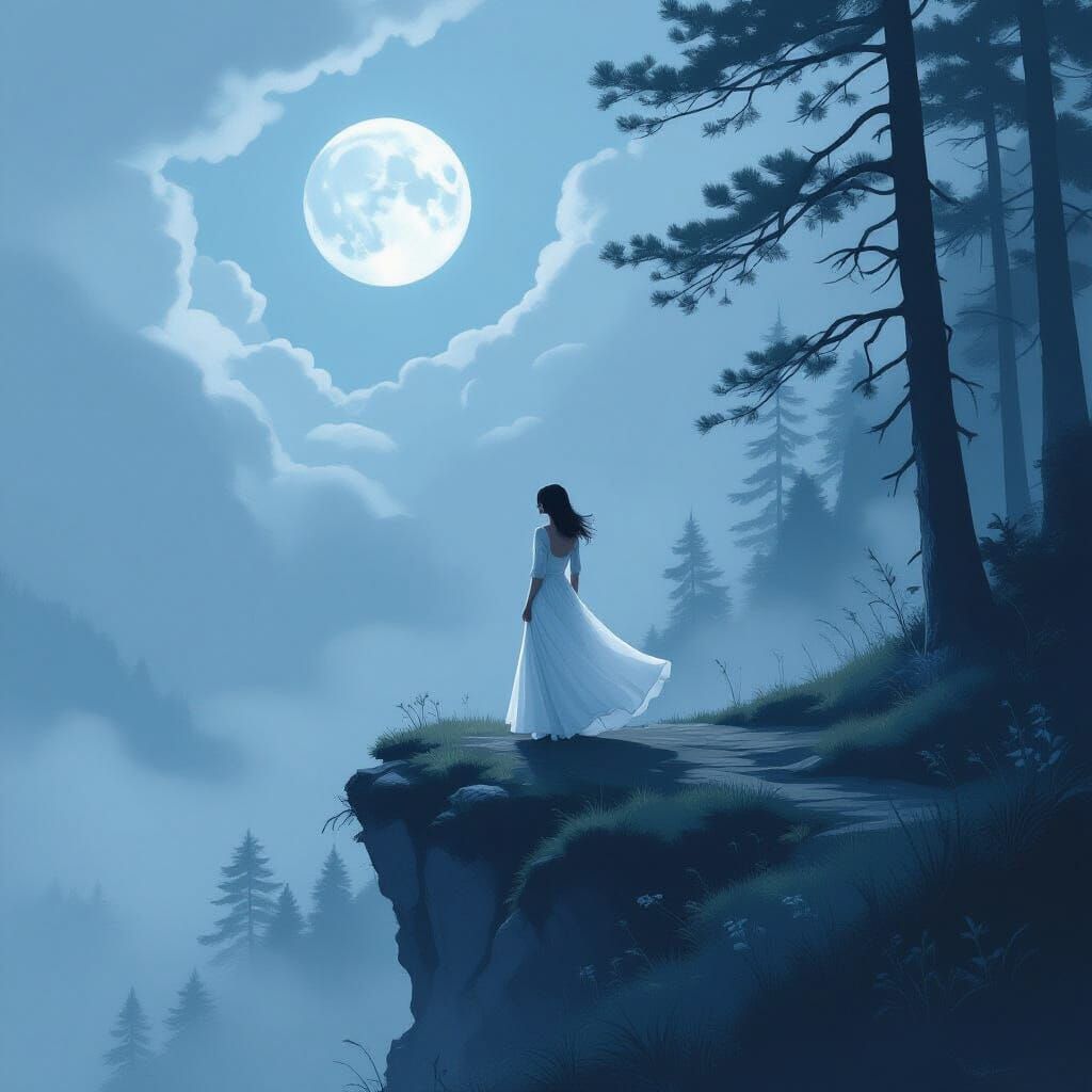 Dreamlike Woman on Moonlit Cliff in Ethereal Style