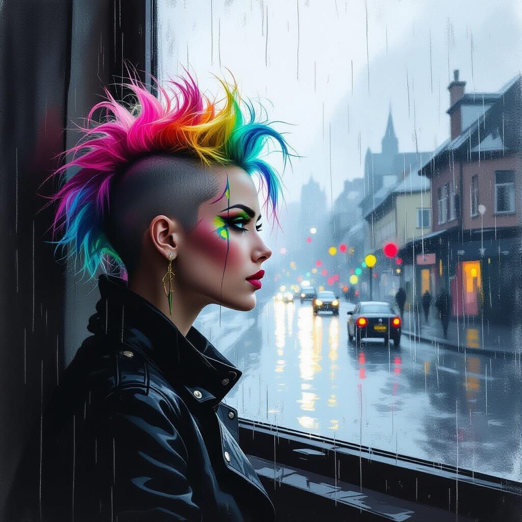 Mohican Woman Gazes Through Rain-Streaked Window