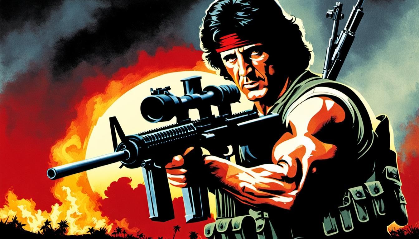 John Rambo holding an M60 machine gun, red head band