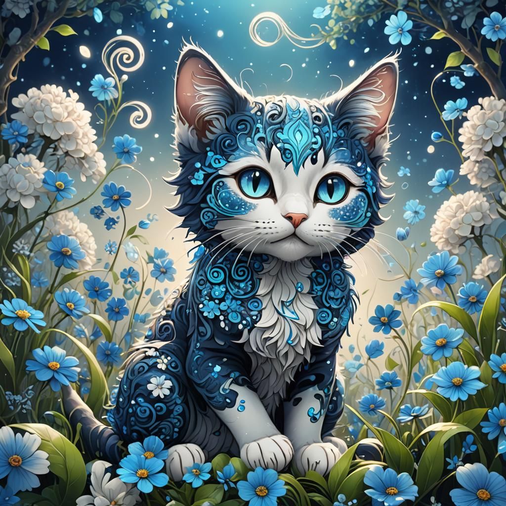 Luminescent Cat in Blue Glitter Garden, Anime Style