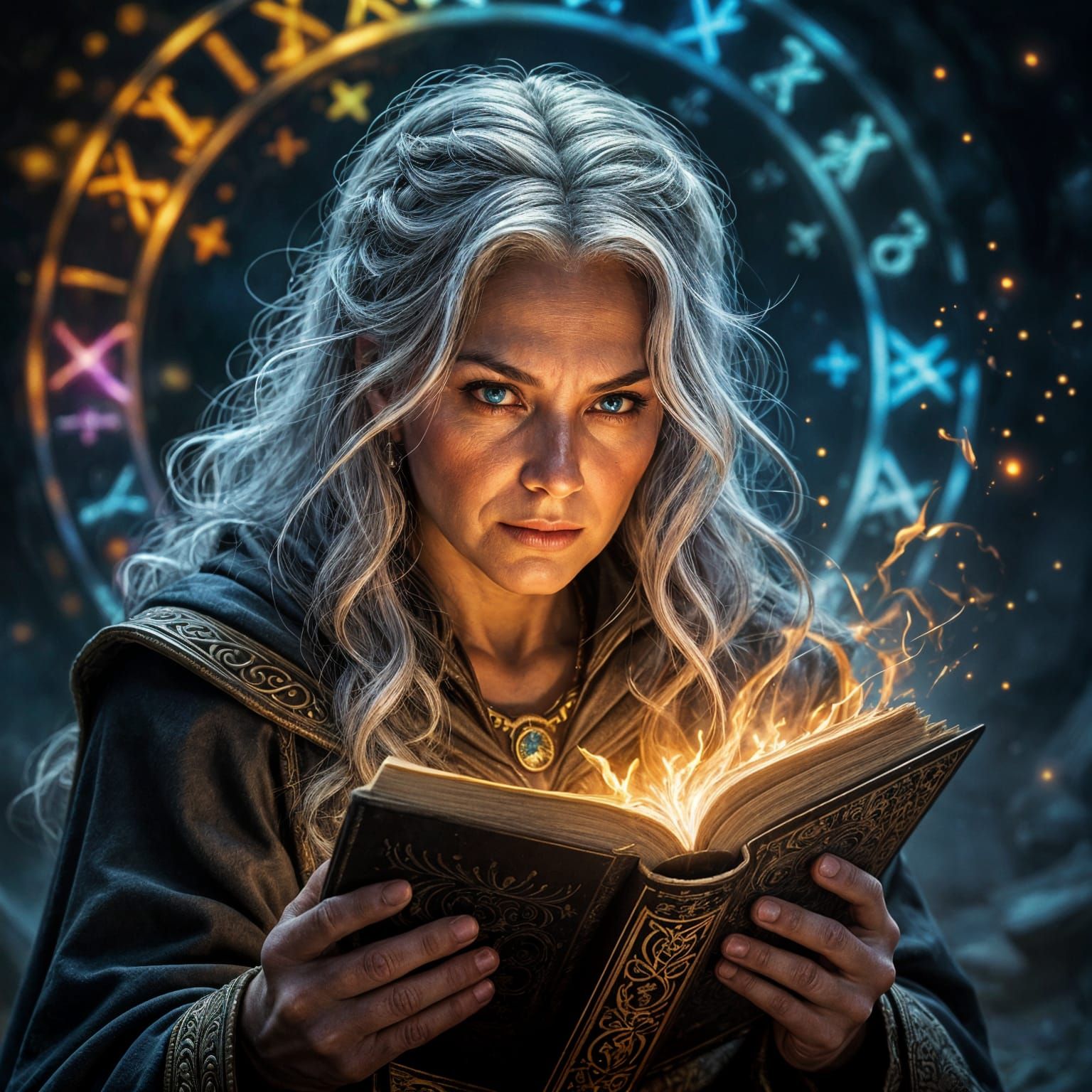 Old Wizard Reads Forbidden Tome in Cosmic Light