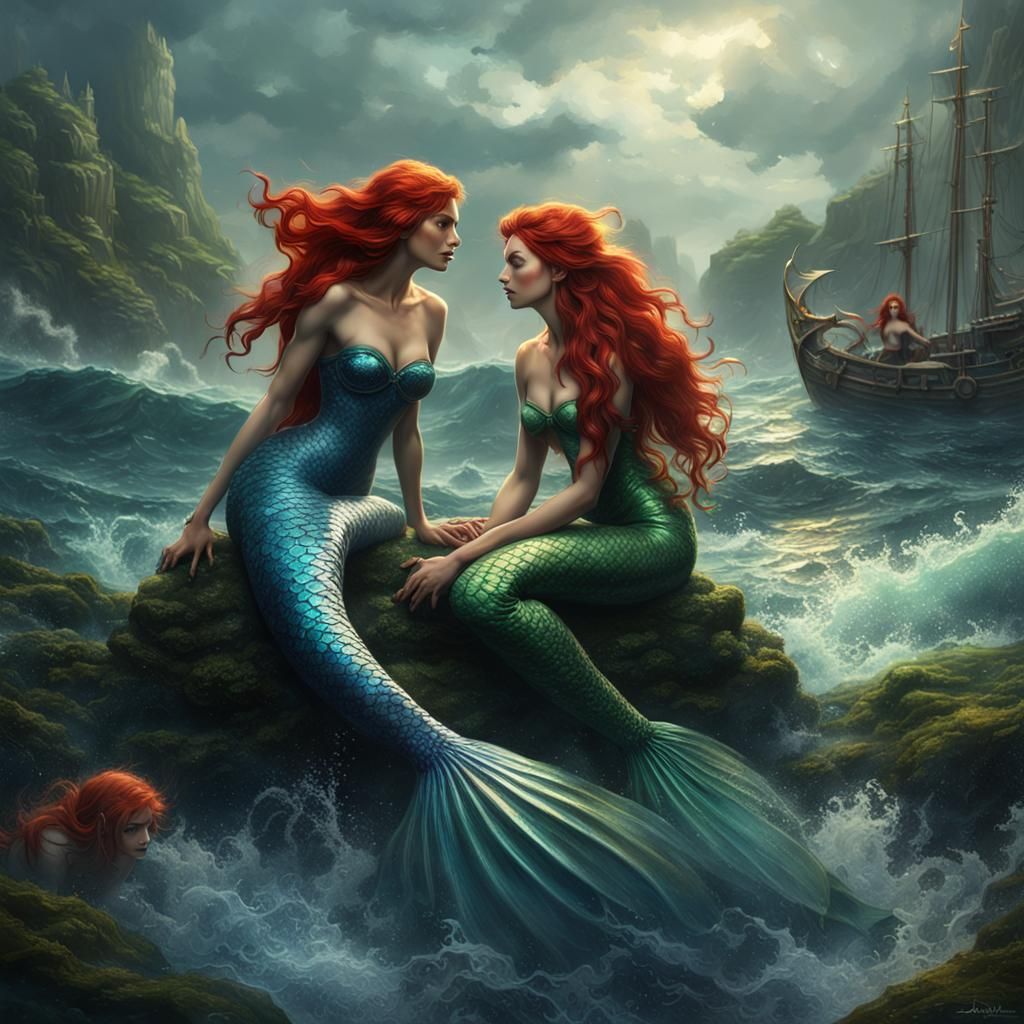 Mermaids with Contrasting Tides: Dark Fantasy Art