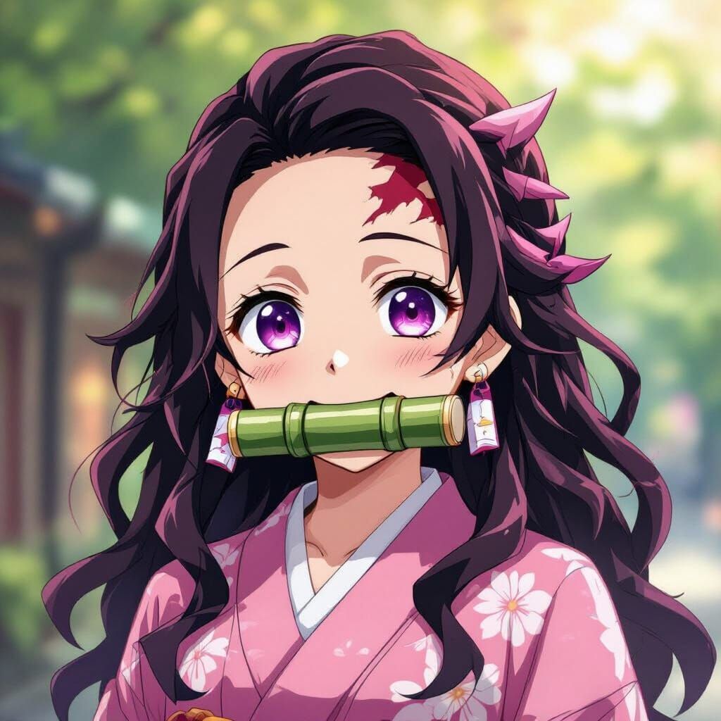 Joyful Nezuko Kamado Smiling Without Muzzle in Anime Style