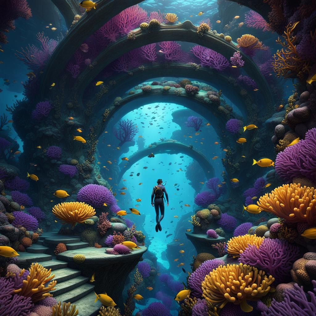 Freediver's Journey Through a Coral Reef Maze