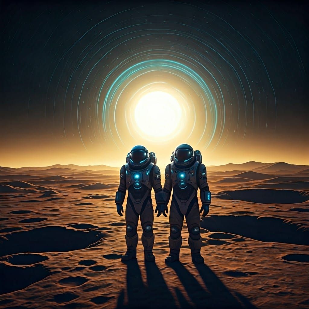 Astronauts on Lunar Surface in Ethereal Landscape