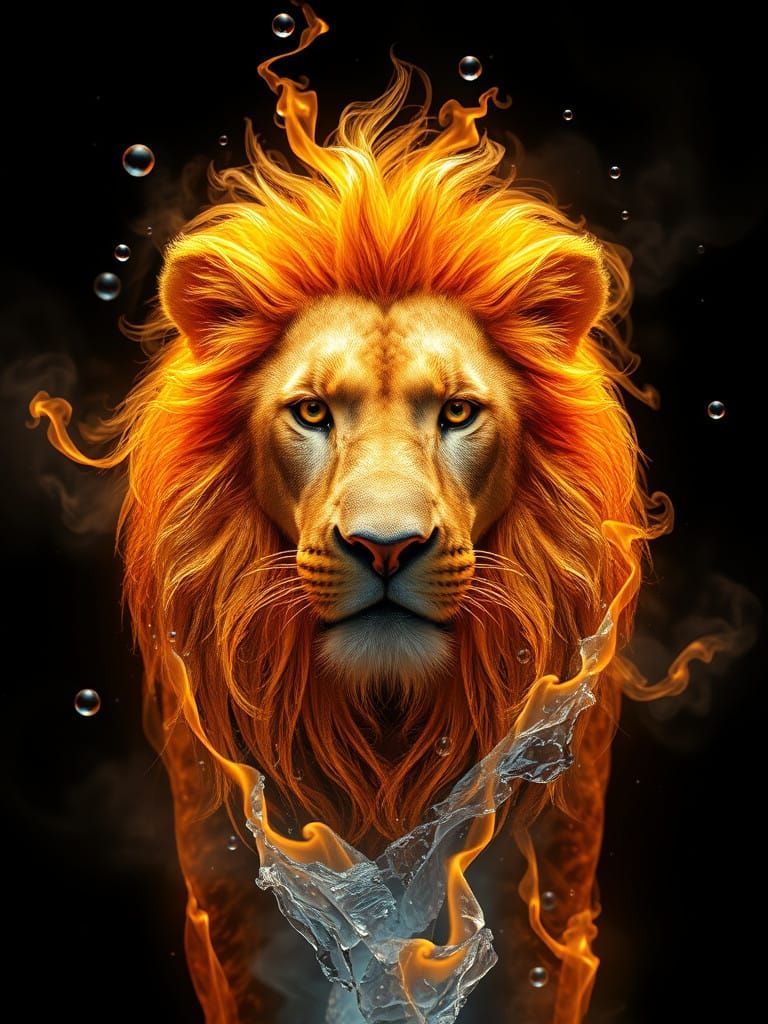 Regal Lion Exudes Power Amidst Swirling Fire and Ice