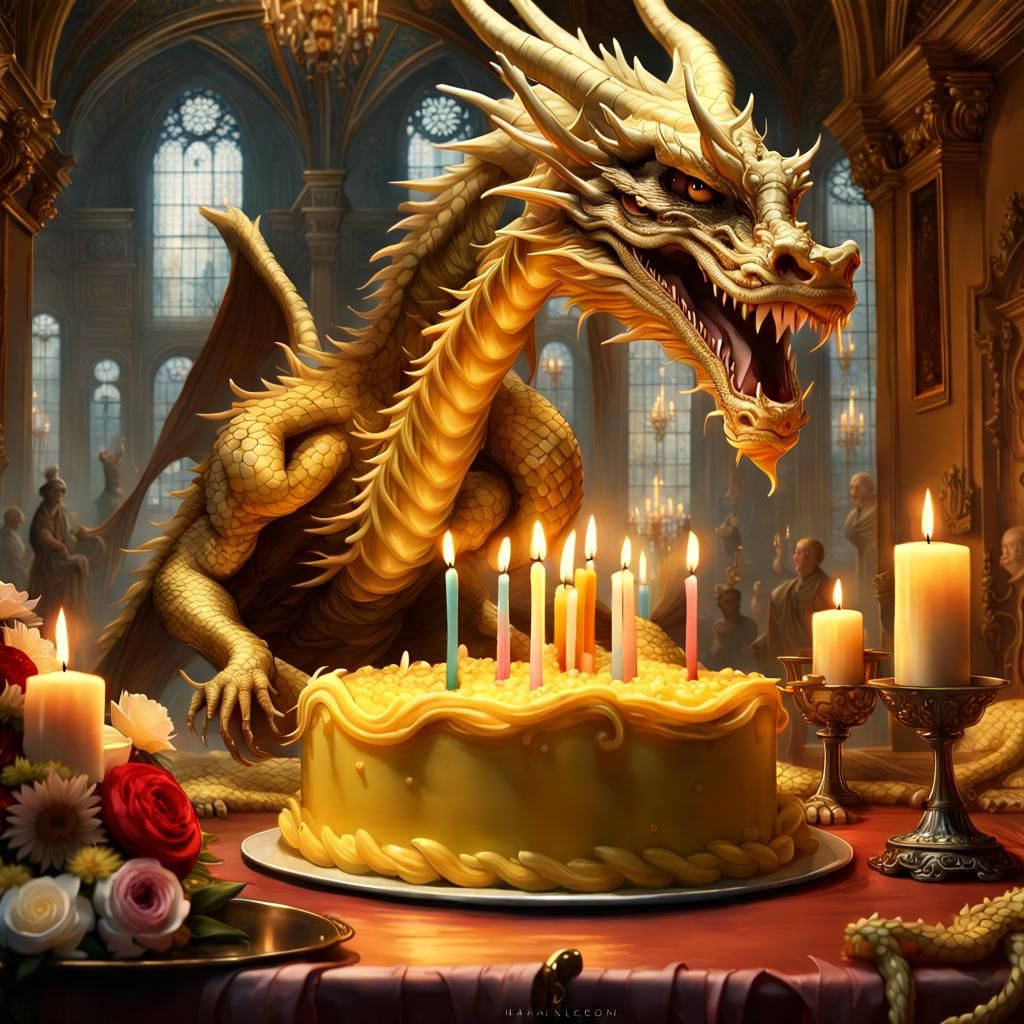 Gold Dragon Celebrates Birthday with Cake