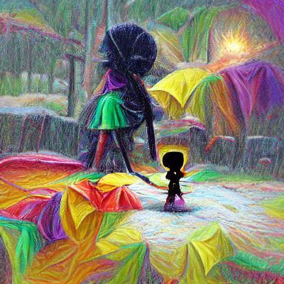 Silhouette of Girl with Umbrella in Crayon Wax Style