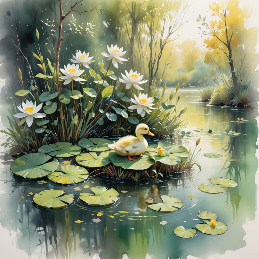 Lily Pond with Ducklings in Impressionistic Style