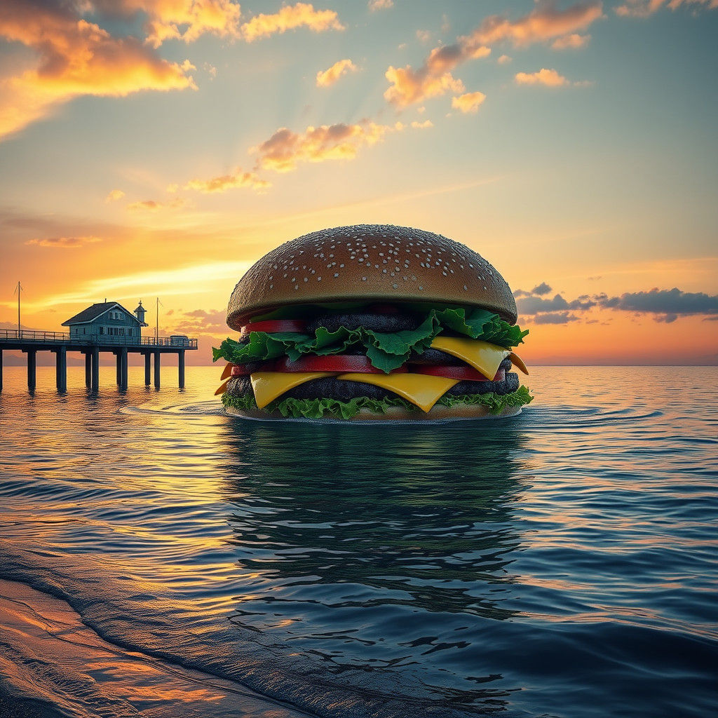 Giant Hamburger Sunset: Detailed Floating Food Art