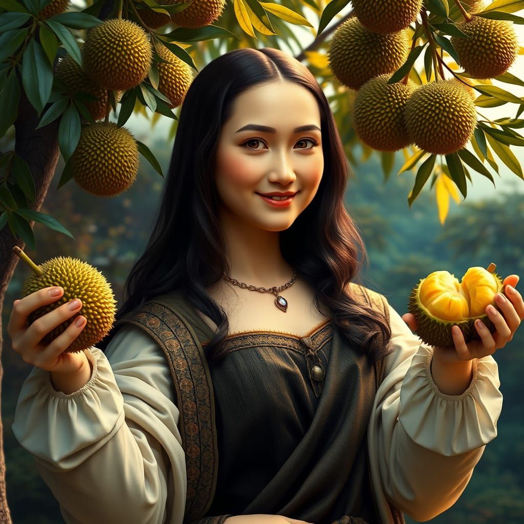 Serene Mona Lisa Plucks Durians from a Vibrant Tree in Hyper...