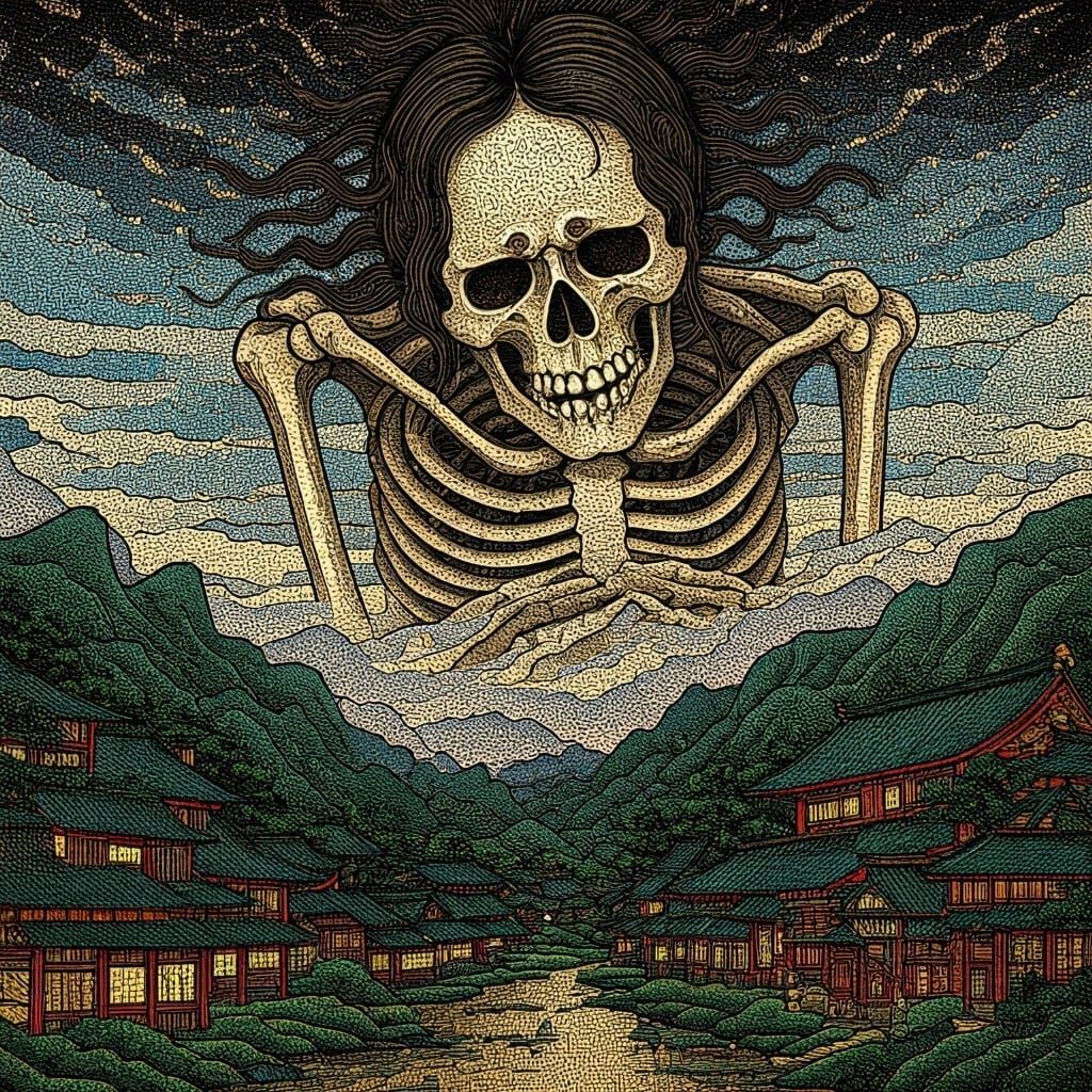 Intricate Japanese Mosaic Art of a Giant Skeleton