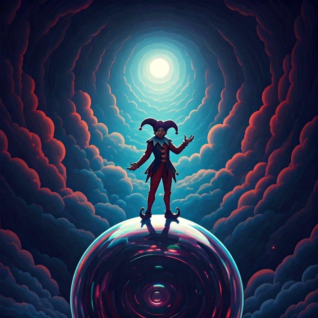 Whimsical Jester in a Surreal Rave Wonderland
