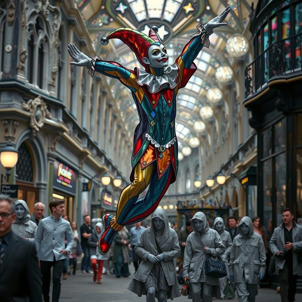 Vibrant Stained Glass Jester Amidst Kaleidoscope of Colors