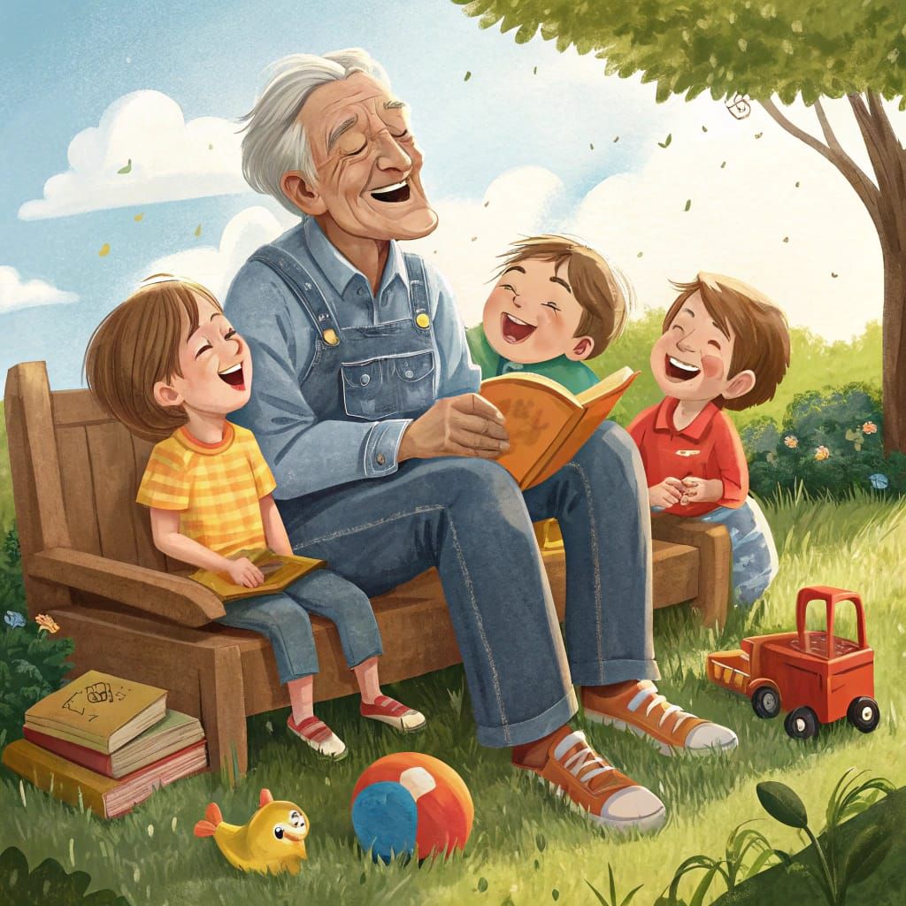 Grandfather and Grandkids' Joyful Backyard Scene