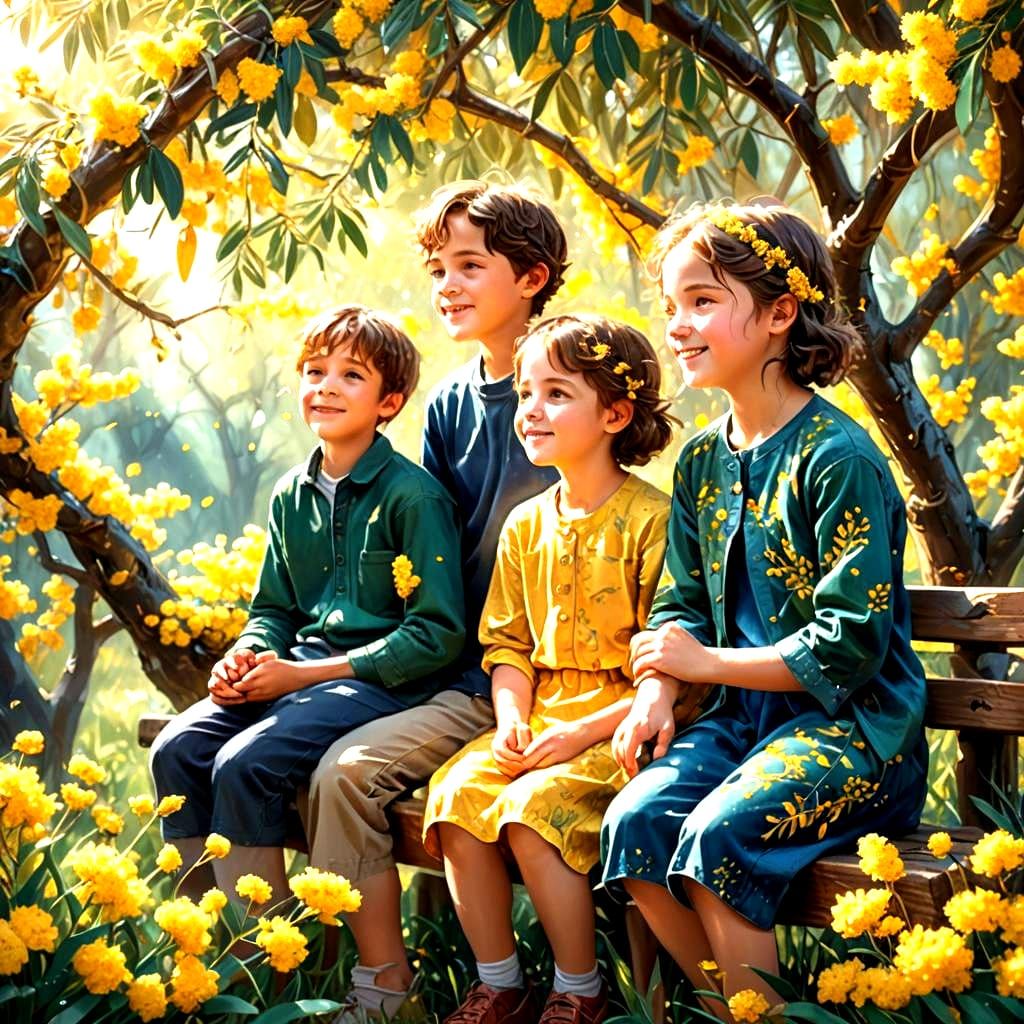 Golden Wattle Tree and Bench: Fantasy Concept Art
