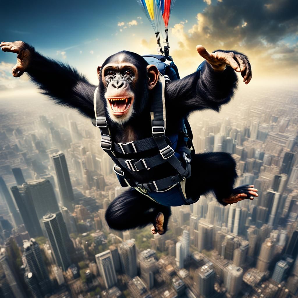 Laughing Chimpanzee Skydiving: Hyper-Maximalist Matte Painti...