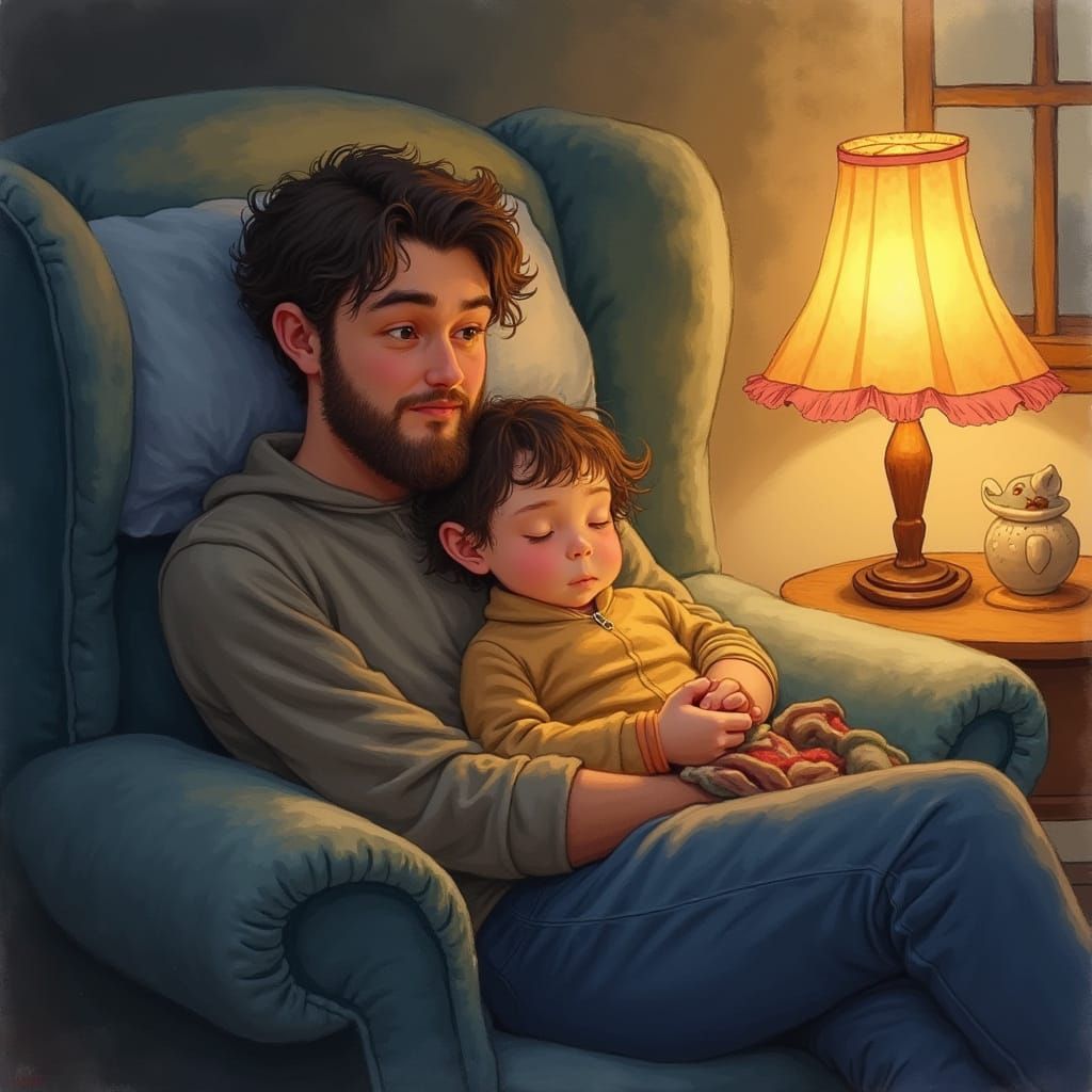 Father and Child Reading: A Whimsical Watercolor Illustratio...