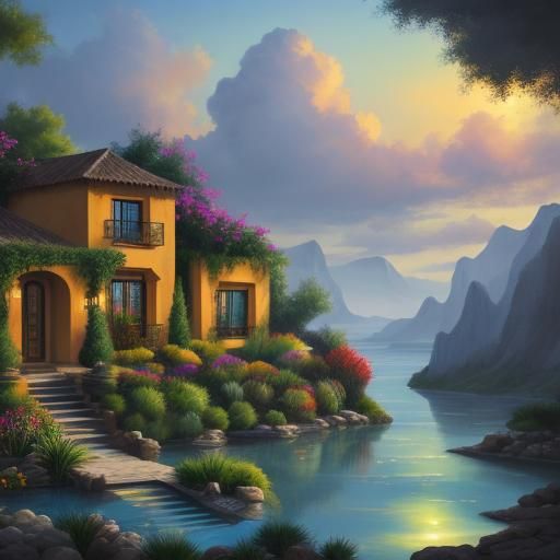 Oasis Villa: Abstract Landscape in Complementary Colors