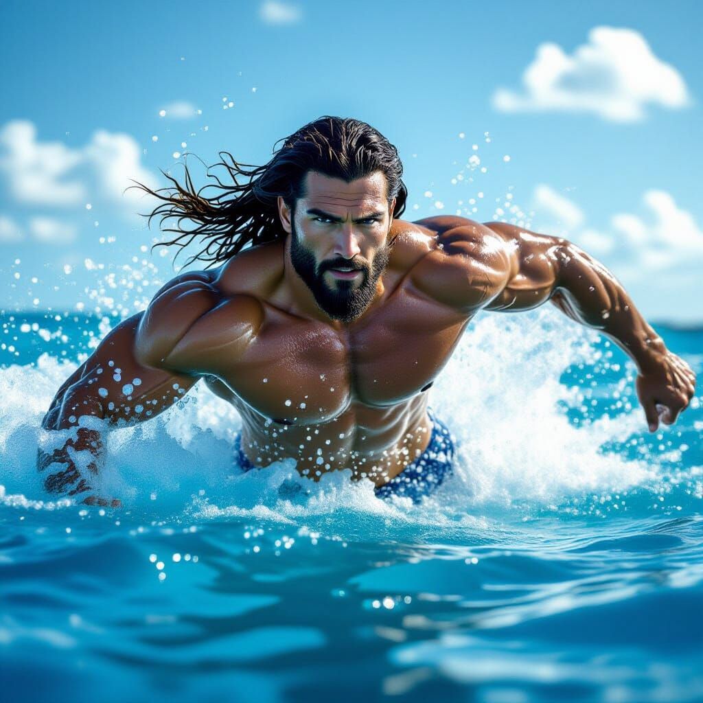 Muscular Merman Leaping From Ocean in Summer Sunlight