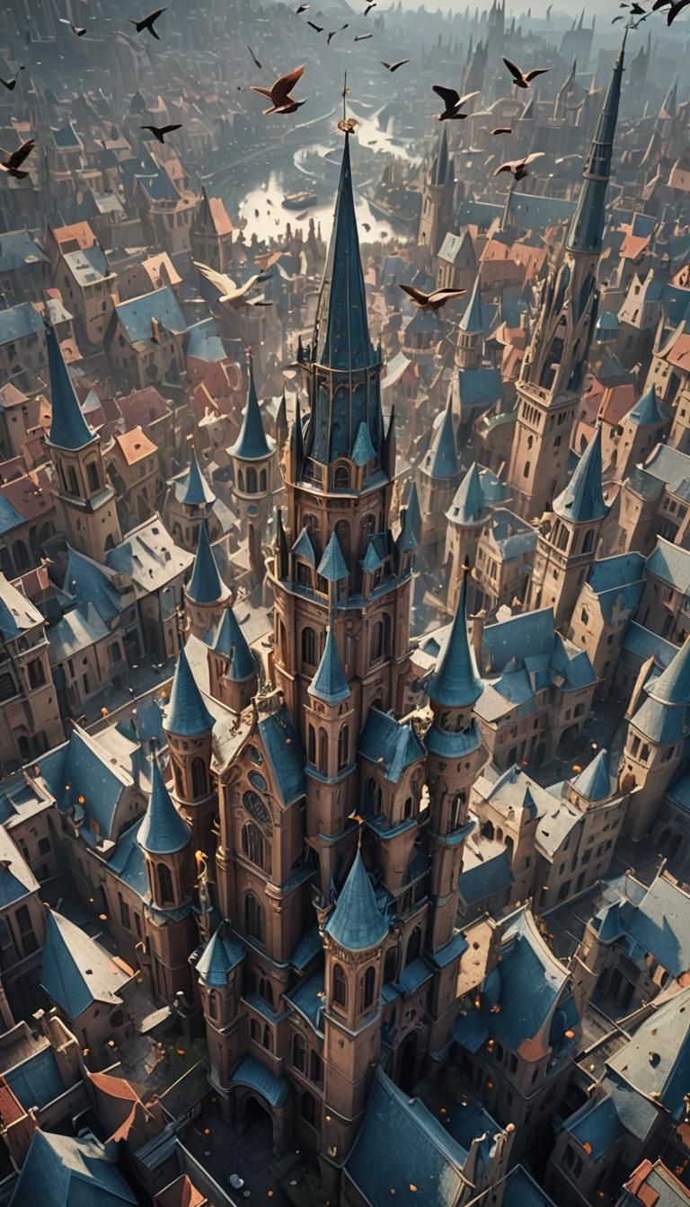 City of Spires with Birds, Matte Painting Style